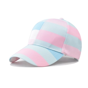 Close-up of pastel rainbow striped cotton baseball cap with breathable fabric detail