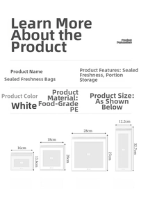 Size chart showing food grade PE storage bags in small, medium, large and long sizes