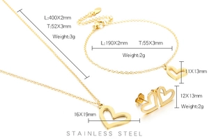 Detailed specs of gold heart jewelry set including necklace, bracelet and earrings