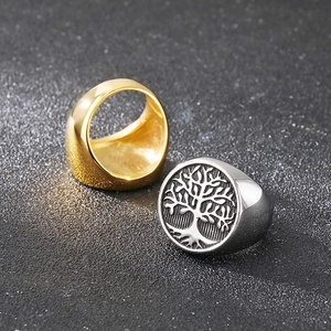 Vintage stainless steel tree of life and polished gold signet rings for men