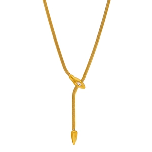 Elegant gold snake bone chain necklace with zircon-set pendant on white background