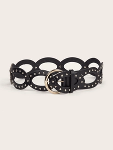 Detail of black PU leather belt with metal studs and gold circular hollow buckle