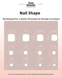 Size chart showing 24 pieces of leopard press-on toenails in 12 different dimensions