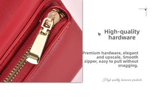 Detail of premium golden metal zipper and smooth red leather texture on luxury handbag