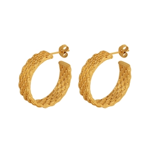 Golden titanium steel C-shaped hoop earrings with woven mesh texture on white background