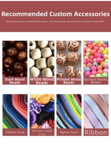 Macro detail of various DIY craft materials including wooden beads and colorful nylon cords
