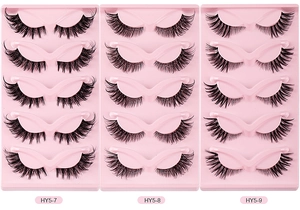 Detailed comparison of 3 styles of voluminous fox-eye false eyelashes in 5-pair packs