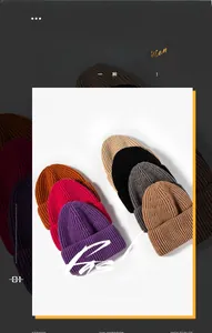 Close-up of thick ribbed knit beanies in six autumn colors including purple and caramel