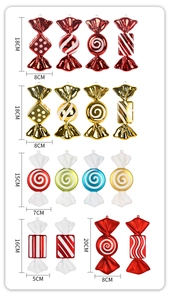 Close-up of assorted 18cm Christmas candy ornaments showing metallic finish and sizes
