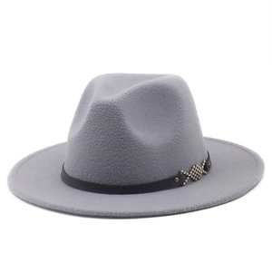 Detail of light grey wool fedora hat with black leather band and silver metal buckle