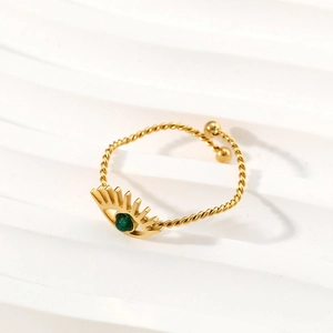 Adjustable gold evil eye ring with green stone and twisted texture band for women