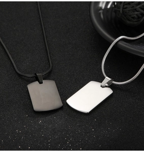 Polished rectangular stainless steel dog tag pendants in black and silver finishes
