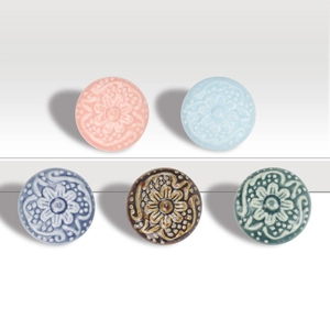 Round Ceramic Cabinet Pulls Floral Relief Drawer Knobs With Zinc Alloy Base Vintage Furniture Handle For Wardrobe