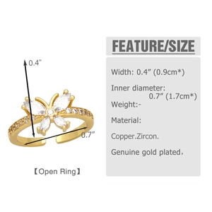 Detailed size specifications for a gold plated butterfly open ring with zircon stones