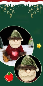 Macro detail of Santa plush gift bag with knit fabric and clear heart-shaped window