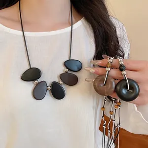 Retro resin wood bead pendant necklace with brown adjustable cord for women