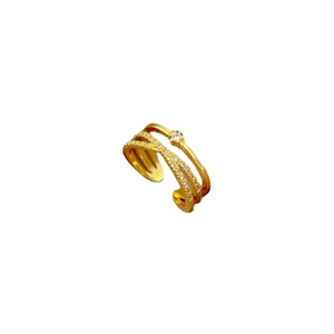 Adjustable multilayer gold ring with sparkling pavé cubic zirconia cross band