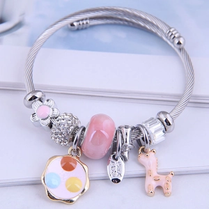 Steel wire charm bracelet featuring pink deer, flower pendants and crystal beads