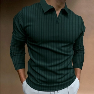 Donkergroen heren poloshirt met lange mouwen, verticale textuur en stretchstof