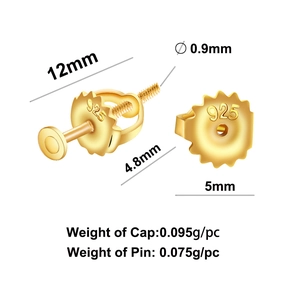 925 silver gold plated earring back stoppers with dimensions and structural detail