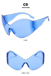 Blue frameless Y2K oversized wrap sunglasses side and front view with resin lenses