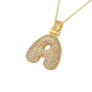 Iced out gold bubble letter A pendant necklace with zircon stones on box chain