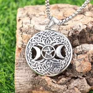 Vintage stainless steel Tree of Life pendant with triple moon and pentagram on tree bark
