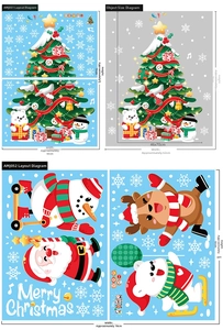 Detailed size chart for Christmas window stickers featuring Santa, snowman, and reindeer