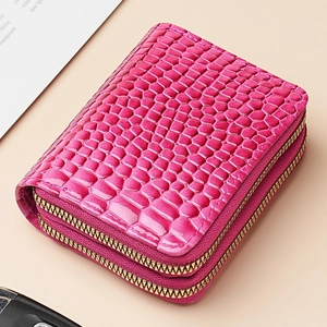 Women's rose red crocodile pattern accordion wallet with double gold zippers