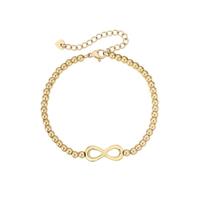 Detailed view of infinity charm on gold beaded bracelet with heart tag and lobster clasp