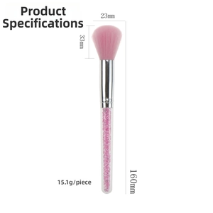 Detail view of pink blush brush with crystal-filled handle and size parameters