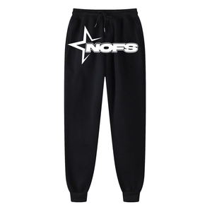 Detailed close-up of NOFS star logo print on black drawstring jogger sweatpants