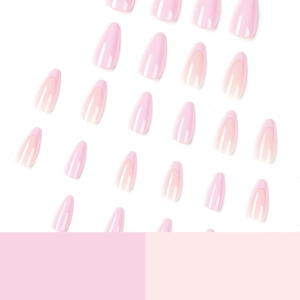 Pink minimalist French tip press-on nails set in elegant long almond shape glossy finish