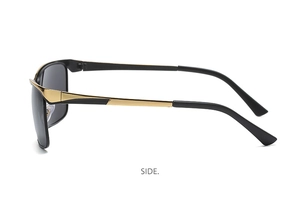 Side view of trendy black and gold polarized sunglasses with premium metal and acetate frame