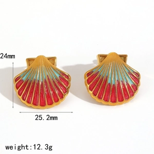 Boucles d'oreilles coquillage dorées avec émail rouge et turquoise, dimensions 24mm