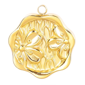 Geometric 18k gold plated stainless steel floral pendant with decorative wavy border