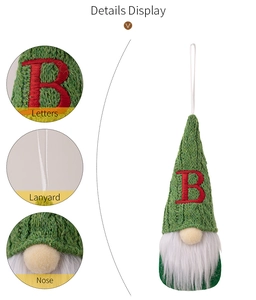 Detail view of knitted gnome ornament featuring red embroidered letter B and white lanyard