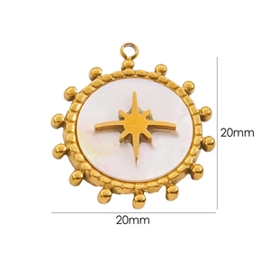 Detail of 20mm round gold pendant featuring white shell inlay and an eight-pointed star