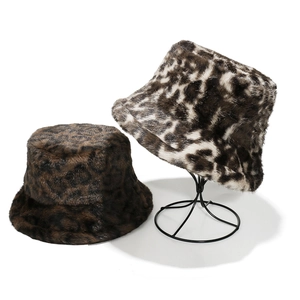 Leopard Print Faux Fur Bucket Hat Warm Winter Plush Fisherman Cap For Women Fashion
