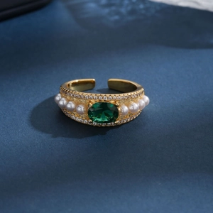 Vintage Emerald Green Gemstone Adjustable Open Ring With Artificial Pearl Rhinestone Copper Luxury Jewelry For Women