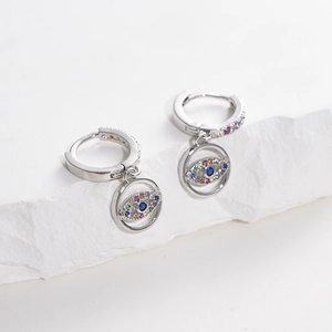 Stainless steel Evil Eye earrings with multicolor zircon pavé and hoop drop design