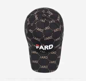 Top view of black baseball cap featuring 3D FARD embroidery and all-over letter pattern