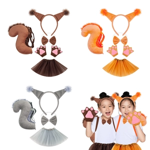 Squirrel Ears Headband Tail Bowtie Tutu Costume Animal Cosplay Party Halloween Supplies For Kids Plush Fabric