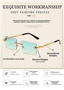 Detail of snake-shaped golden metal temple and hinge on rimless gradient sunglasses
