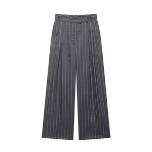 Elegant grey striped high-waisted wide leg trousers with decorative side buttons