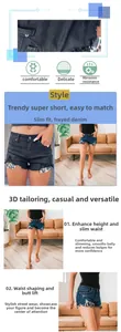 Detail van denim shorts met hoge taille, luipaardprint zakken en rafelige zoom