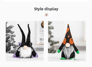 Detail of Halloween faceless gnome dolls with wizard cloaks and pumpkin hats