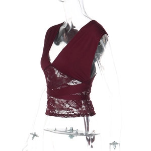 Detailed side view of wine red lace camisole with deep V-neck and hollow-out mesh textures