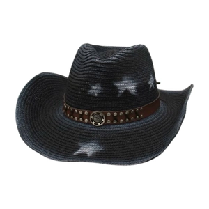 Navy blue straw western cowboy hat featuring white stars and vintage metal studs