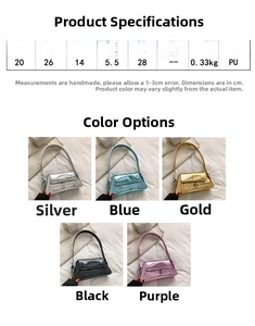 Detailed size chart and specifications for glossy PU metallic baguette shoulder bag